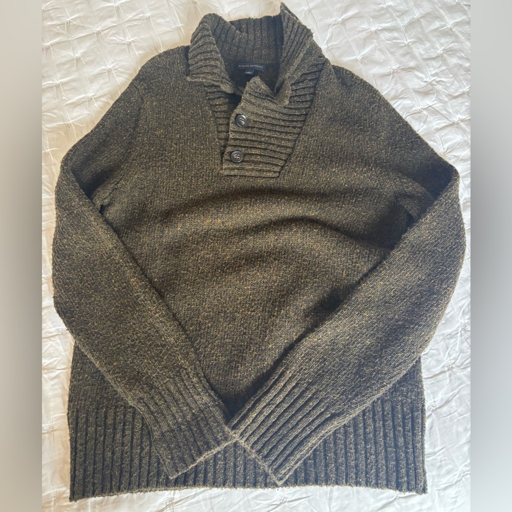 Banana Republic Mens Large OliveGreen LambsWool Collared Sleeve Pullover Sweater